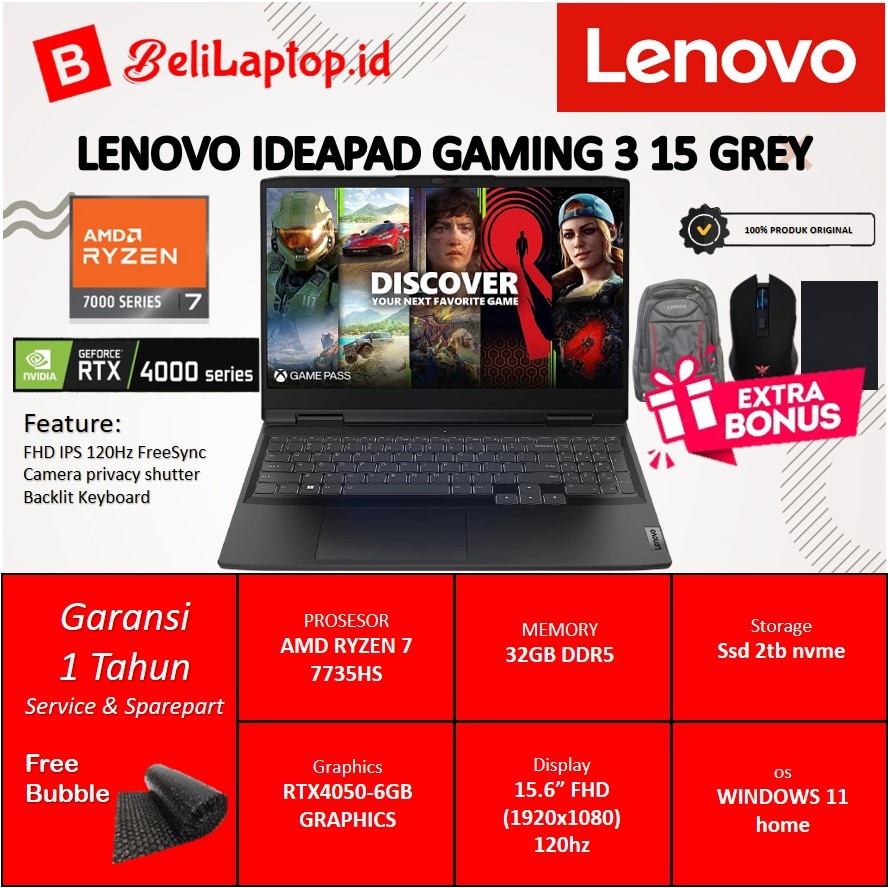 Laptop Gaming LENOVO IDEAPAD GAMING 3 15 RYZEN 7 RTX4050 6GB ONYX GREY