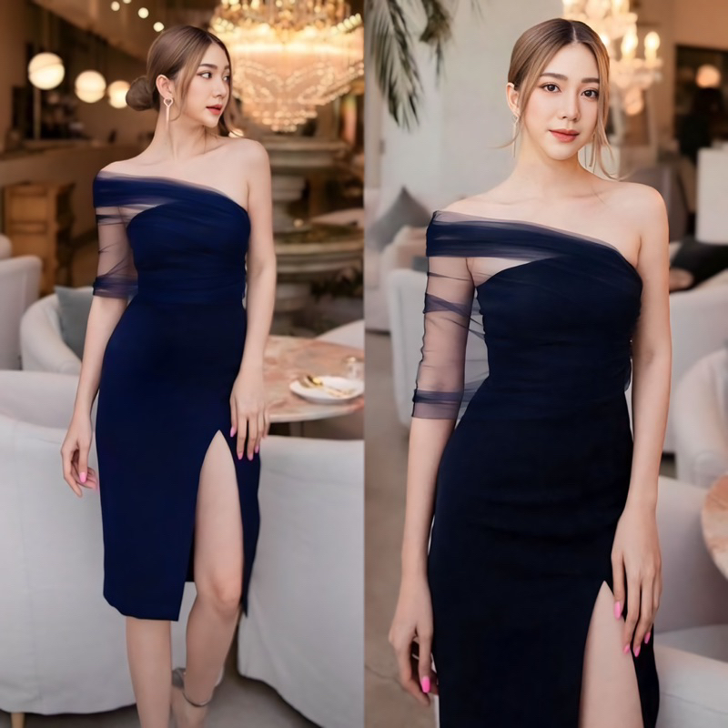 GWYN GOWN MIDI - Gaun pesta wanita party dress elegant classy sexy midi slit dress one shoulder tull
