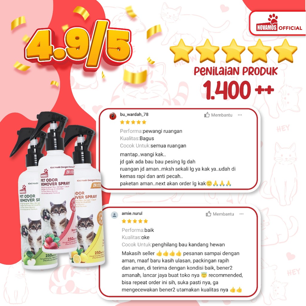 NOVAMOS Paket Odor Remover 250 ML + Refil 1 L - Penghilang Bau Kotoran Kucing dan Anjing Pet Odor Remover Spray Parfum Pewangi Pengharum Pasir Kucing Penghilang Bau Pesing Kandang Kucing