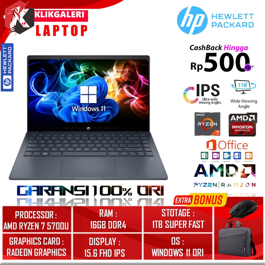 LAPTOP GAMING HP PAVILION 15 AMD RYZEN 7 5700U 16GB 1TB RADEON 8 15.6" FHD IPS WIN11