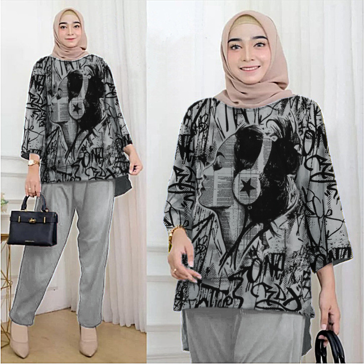 One Set Wanita Setelan Oversize Abstrak Girl