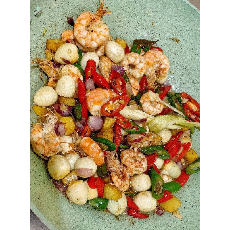

tumis udang telur puyuh kentang