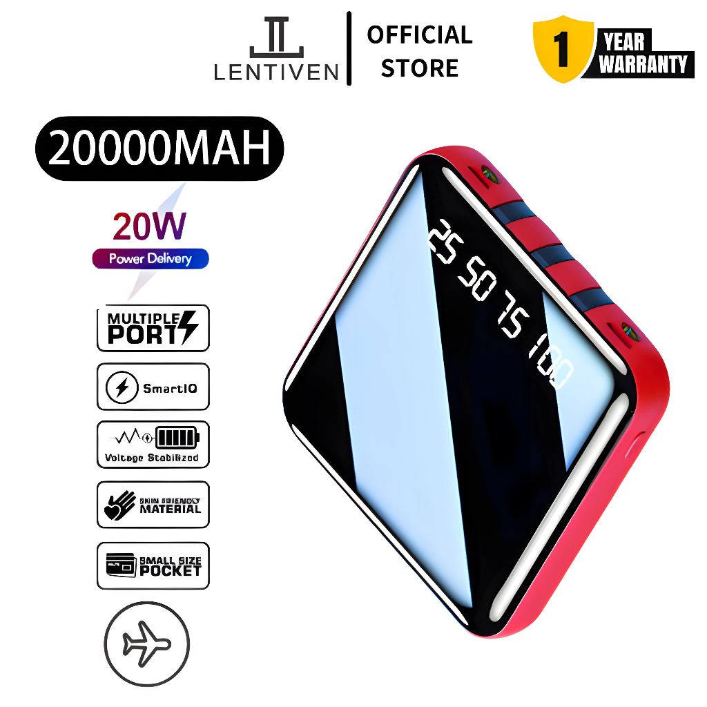 LENTIVEN PowerBank 20000mAh Mini With 3 Kabel Usb Fast Charging LED Senter Display