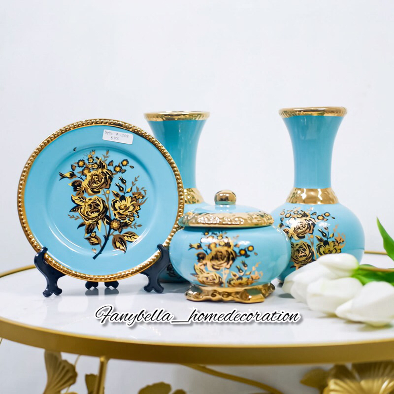 Pajangan Keramik Satu Set Antik Guci Coklat Emas Biru Kuning Klasik  Motif Bunga Porselen Dekorasi R