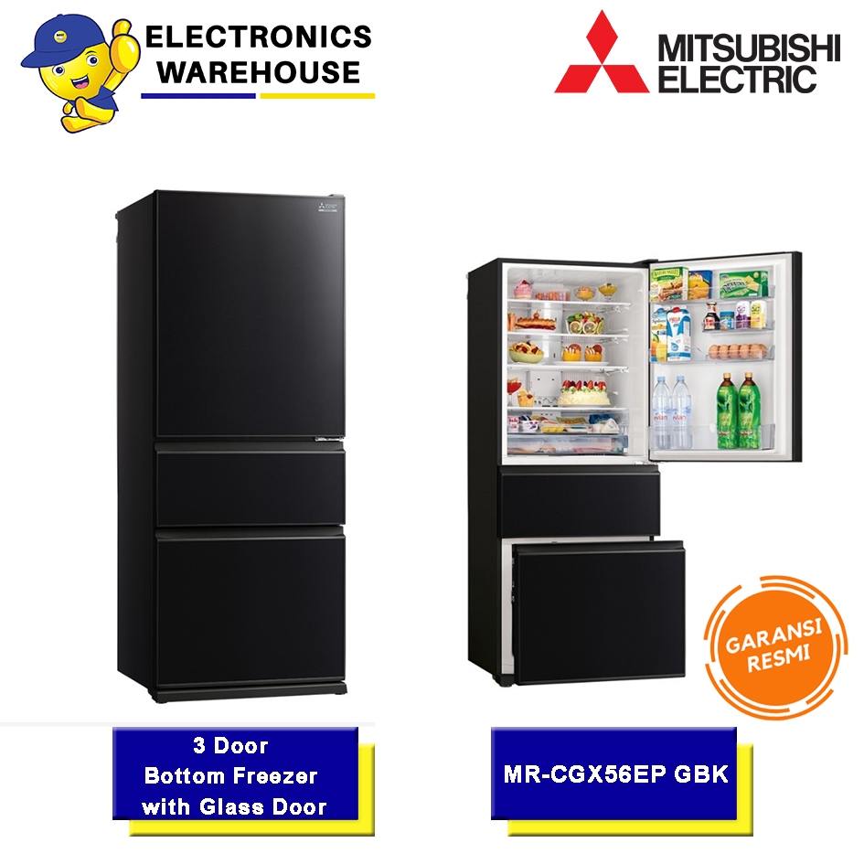 Mitsubishi MR-CGX56EPGBK Kulkas 3 Pintu Glass Neuro Inverter 492L
