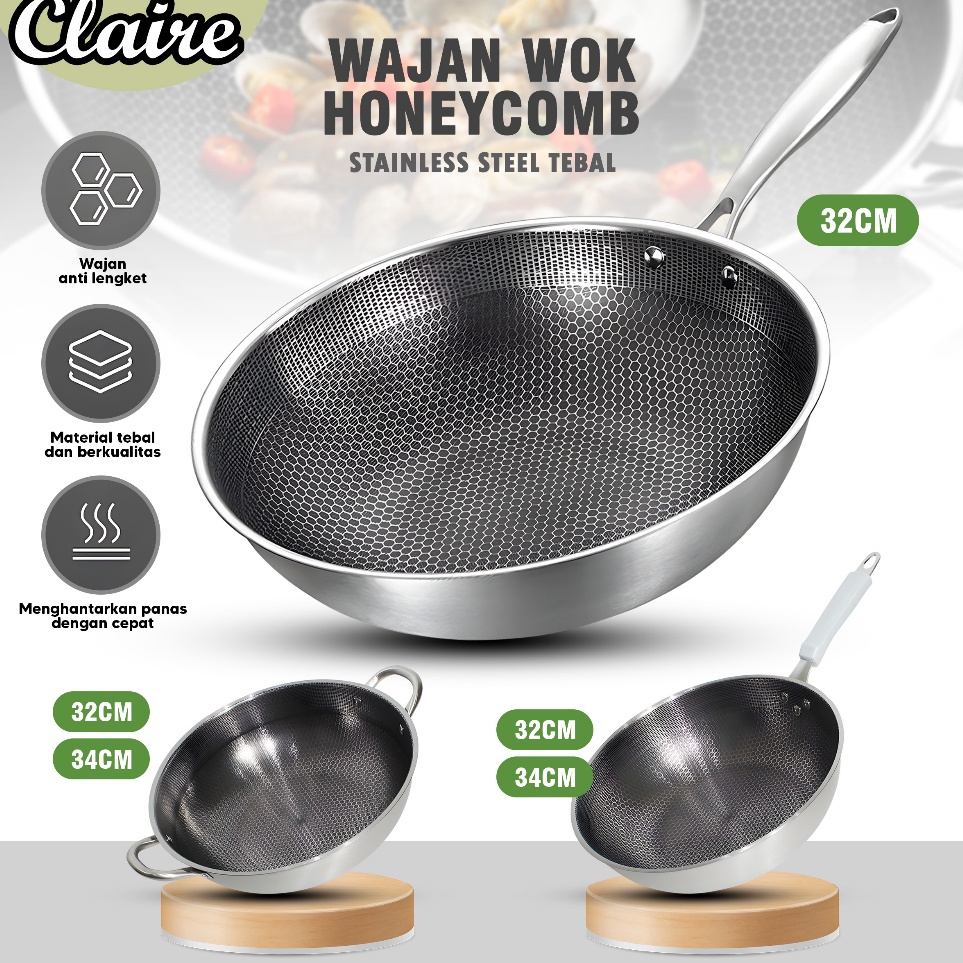 Diskon Ngetrends  Wajan Wok Penggorengan Honeycomb Stainless steel Tebal Anti Lengket Diameter 32cm 