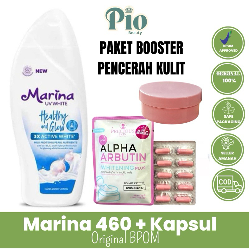 READY PAKET EXTRA WHITENING MARINA HEALTHY GLOW BIRU 460ml dan 185ml kapsul alpha arbutin precious aha bpom