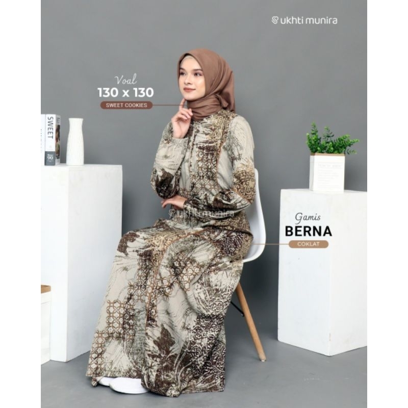 BERNA GAMIS MOTIF TERBARU UKHTI MUNIRA GAMIS LEBARAN 2024 BAJU DRESS MUSLIMAH BAHAN MAHONI