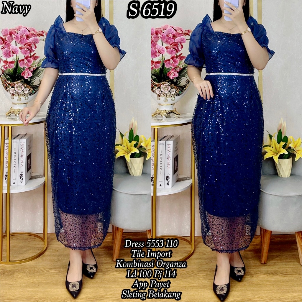 6519# Dress Tile  Organza Premium Full  App Payet