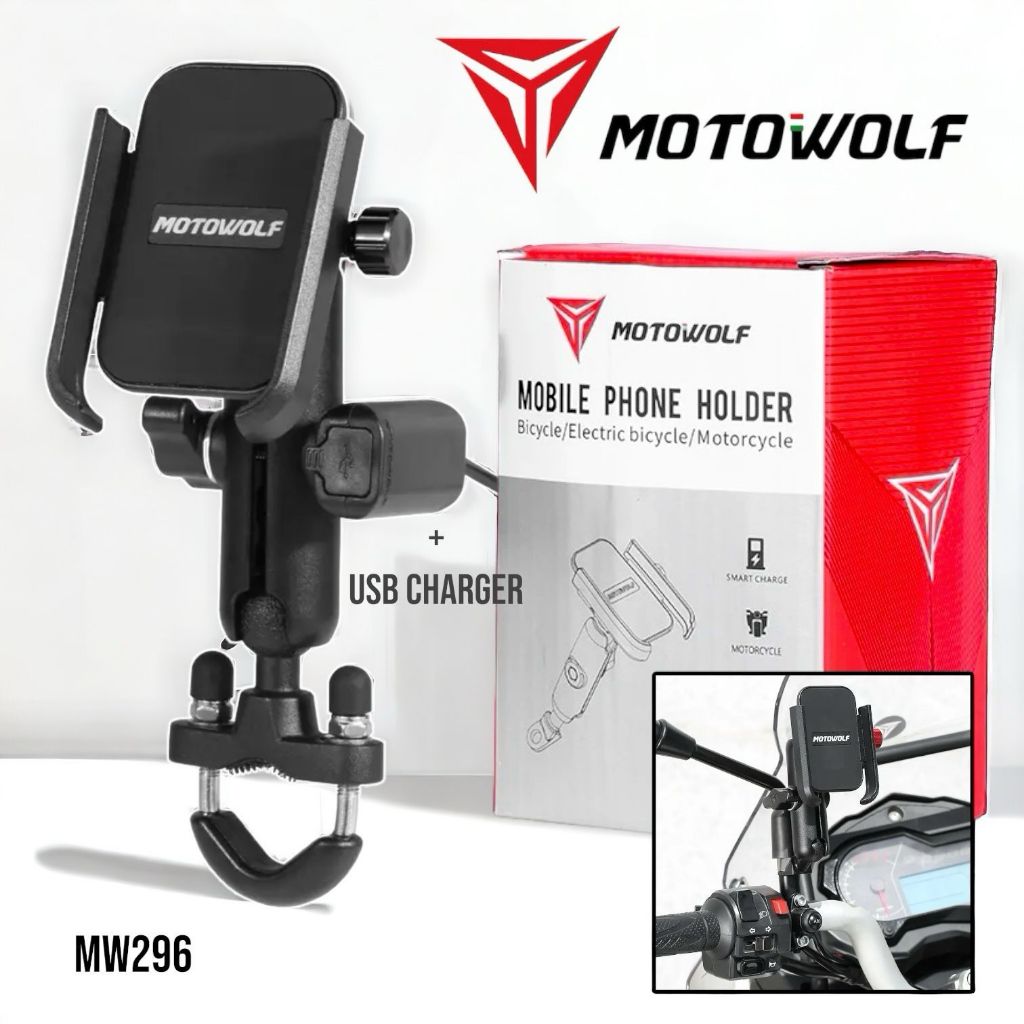 Holder Hp Dudukan Spion stang + USB Charger MotoWolf ORIGINAL UNIVERSAL SEGALA JENIS MOTOR ori moto 