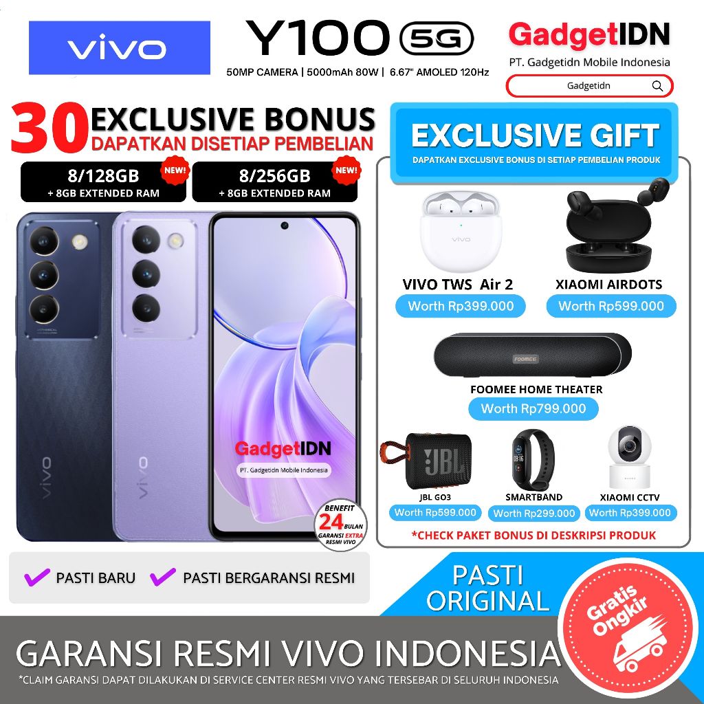 VIVO Y100 5G NFC 8/256GB 8/128GB ( +8GB Extended Ram ) Garansi Resmi Vivo