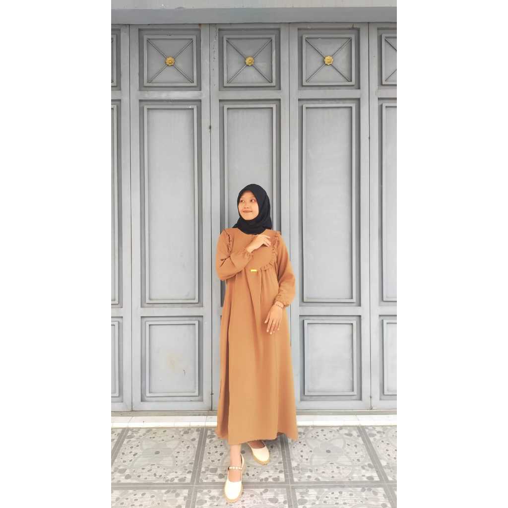 gamis crinkle resleting depan rempel dada pinggir