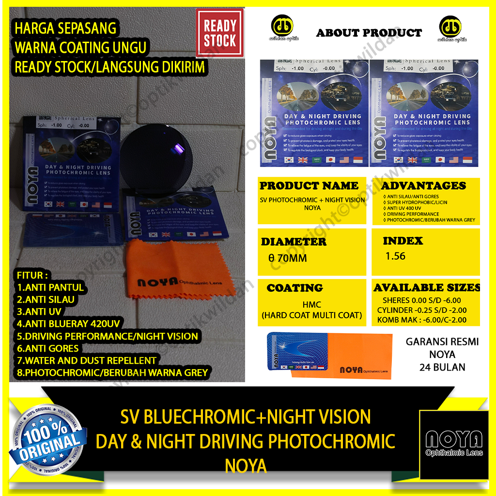 LENSA KACAMATA BLUECHROMIC+NIGHT VISION /DAY AND NIGHT DRIVING PHOTOCHROMIC NOYA