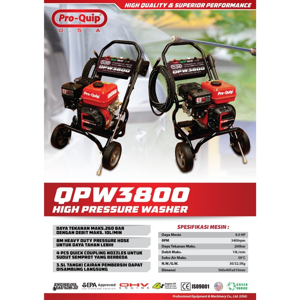 (QPW-3800 PROQUIP) Jet Cleaner QPW3800 PROQUIP / Gasoline High Pressure Washer Steam Cuci Mobil Moto