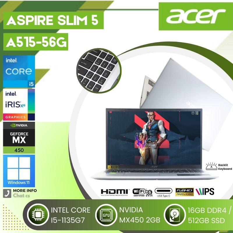Laptop Gaming Acer Aspire 5 A515-56G-59S5 Intel i5-1135G7 Ram 16GB Ssd 512GB 15.6" IPS Nvidia MX450 2GB Backlit - Silver
