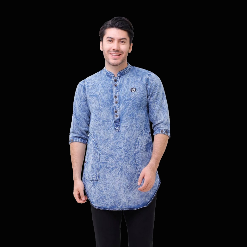 Baju koko kurta denim lengan tiga perempat pria dewasa baju koko jeans cowok model washing terbaru 2