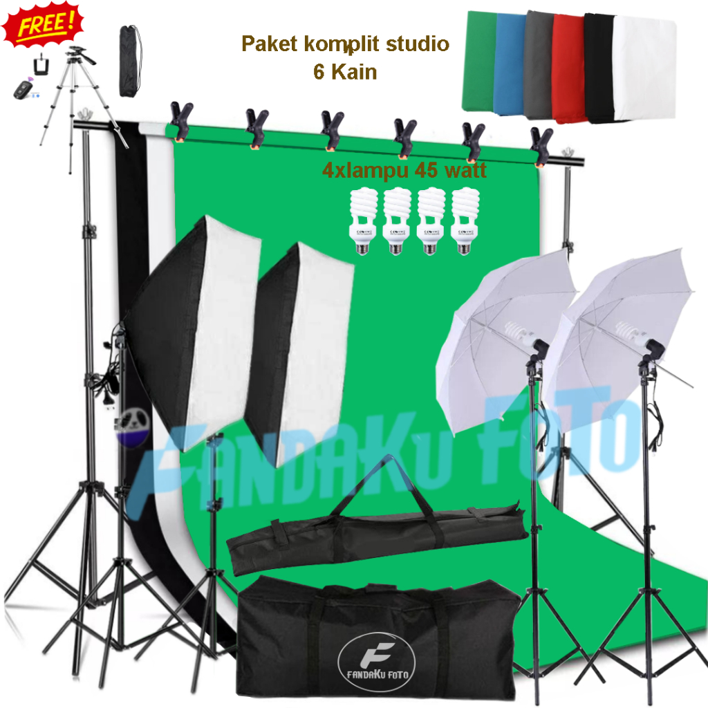 set lengkap lighting Paket Lighting Studio Foto Video Softbox Stand Background Hijau