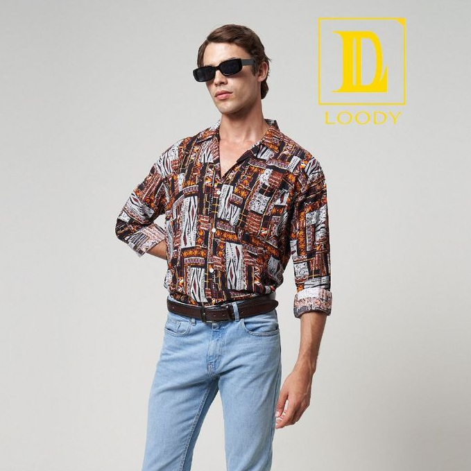 LOODY Kemeja Pria Lengan Panjang Casual Motif Vintage 90s