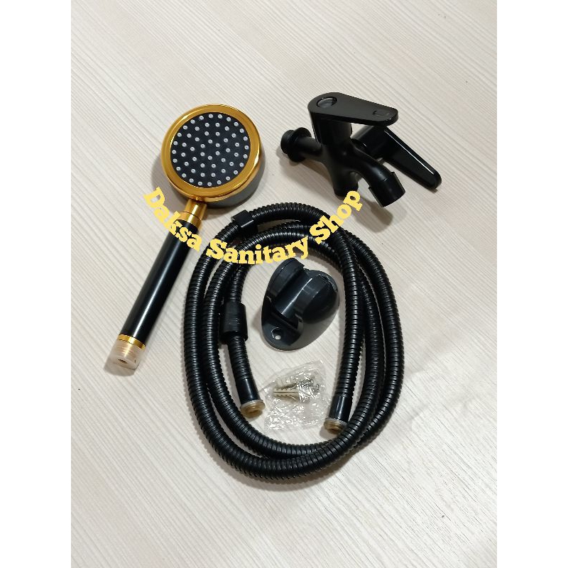 Hans Shower Alumunium Black gold set / Hand Shower Set Alumunium Black Gold + Kran Cabang Hitam