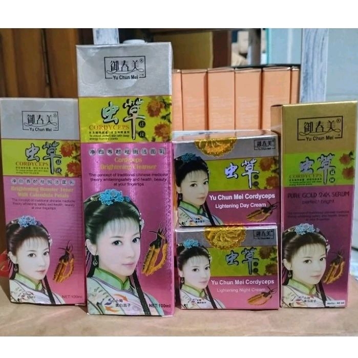 YU CHUN MEI CORDYCEPS LENGKAP 5 ITEM/YU CHUN MEI NIGHT CREAM DAY SERUM SERUM GOLD CLEANSER TONER