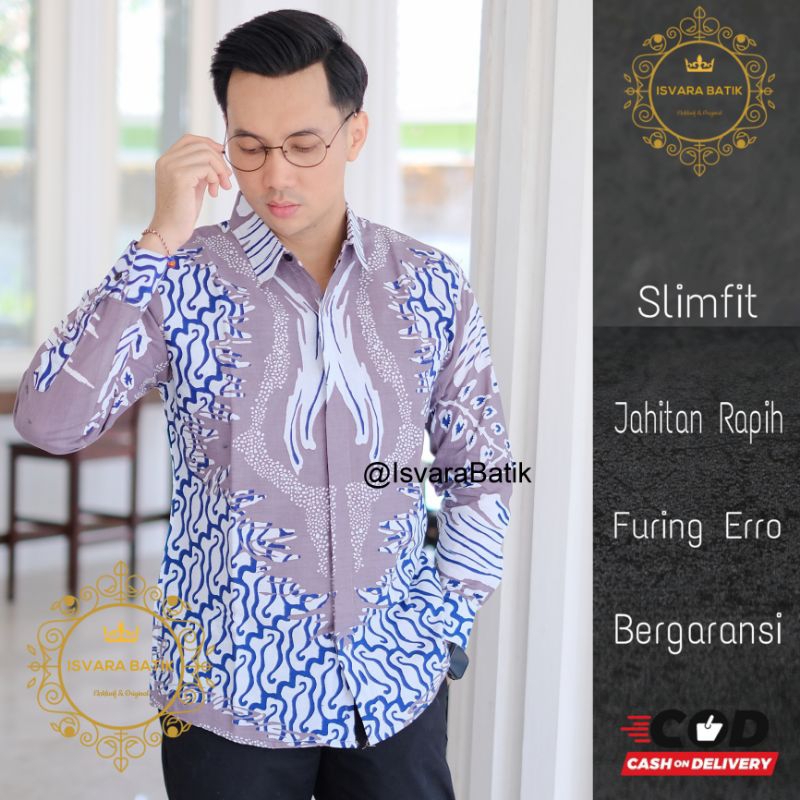 Kemeja batik pria warna ungu soft lilac batik slimfit pria terbaru warna biru putih atasan batik cow