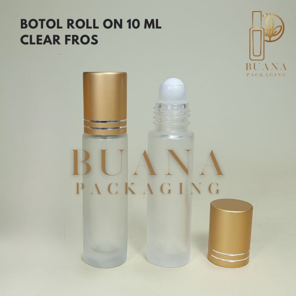 Botol Roll On 10 ml Clear Frossted Tutup Stainles Emas Matte Bola Plastik Putih / Botol Roll On / Botol Kaca / Parfum Roll On / Botol Parfum / Botol Parfume Refill / Roll On 8 ml
