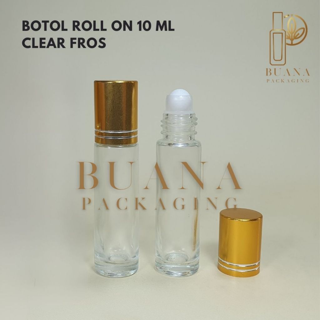 Botol Roll On 10 ml Clear Original Tutup Stainles Emas Shiny Garis Bola Plastik Putih / Botol Roll On / Botol Kaca / Parfum Roll On / Botol Parfum / Botol Parfume Refill / Roll On 8 ml