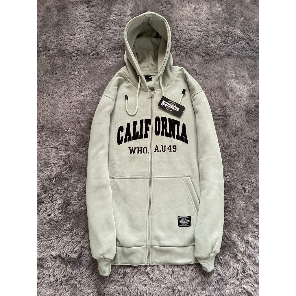 Jaket Hoodie STM WHO AU Zipper Hijau mint CALIFORNIA Full Tag Texs FULL Bordir Premium Unisex