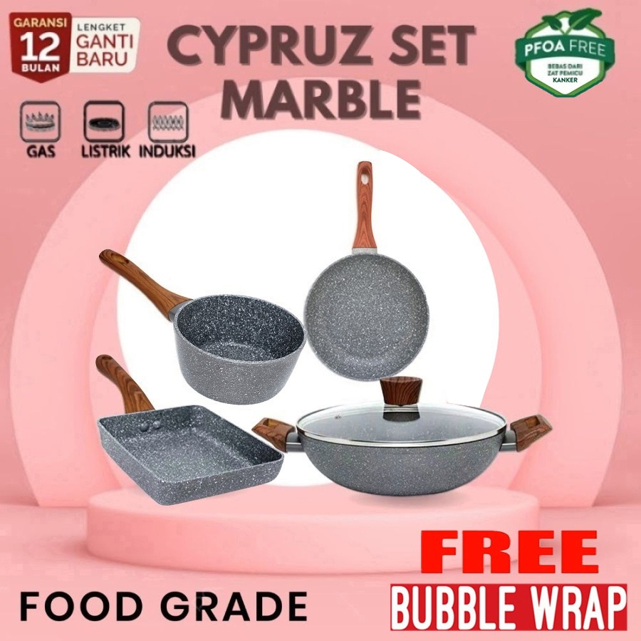 Cypruz Pan Induksi set Marble Cyprus 4 Pcs Panci Wajan Pengorengan