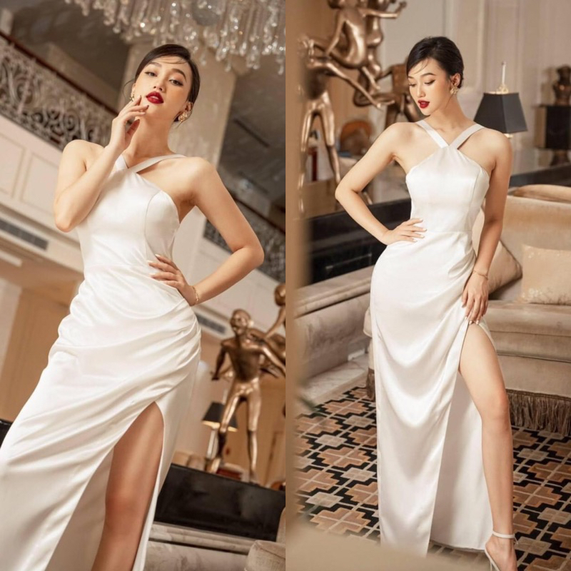 MAI GOWN - Gaun pesta wanita satin halter maxi slit dress longdress party elegant classy big size ju
