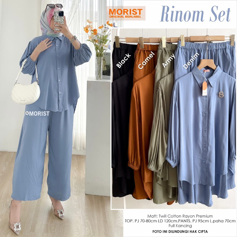RINOM SET • MORIST • oneset setcel setelan blouse dan kulot polos twill cotton rayon premium