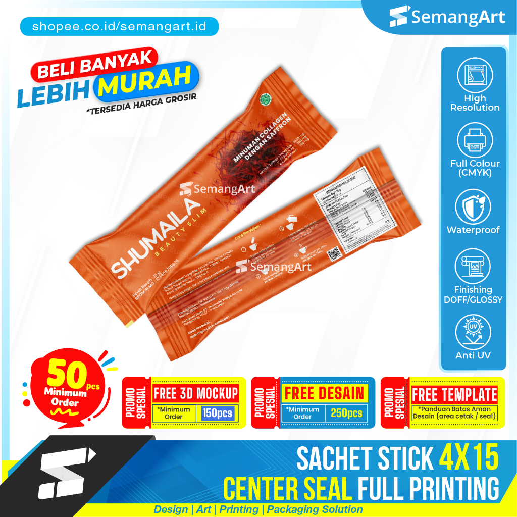 

Kemasan Sachet Center Seal 4x15 Bungkus Minuman Serbuk Collagen kopi Bumbu Full Printing Desain Custom