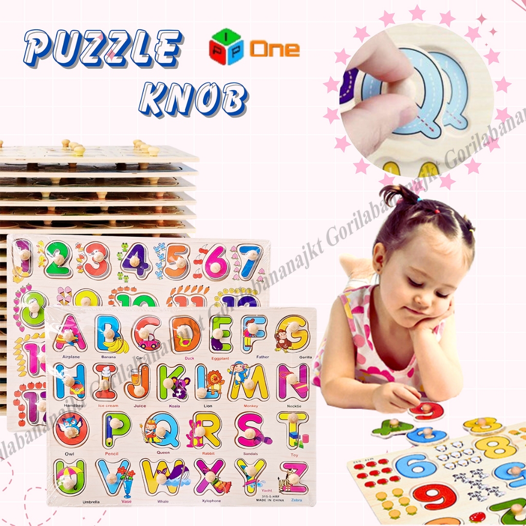 Puzzle Knob kayu mainan edukasi puzzle angka huruf wooden puzzle knob