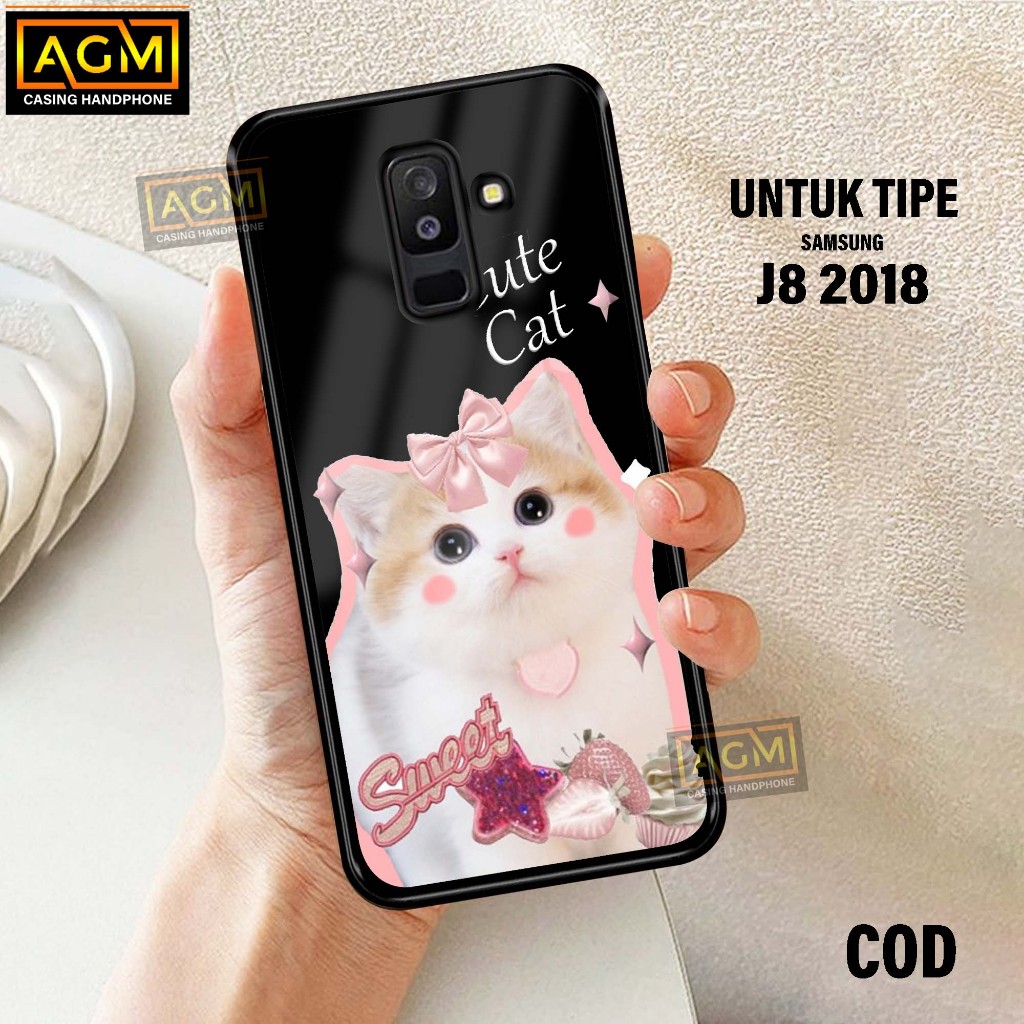 Case Samsung J8 - New Case Glossy casing Hp Samsung J8 [Motif CUTE CAT] - AGM Case softcase glass ke