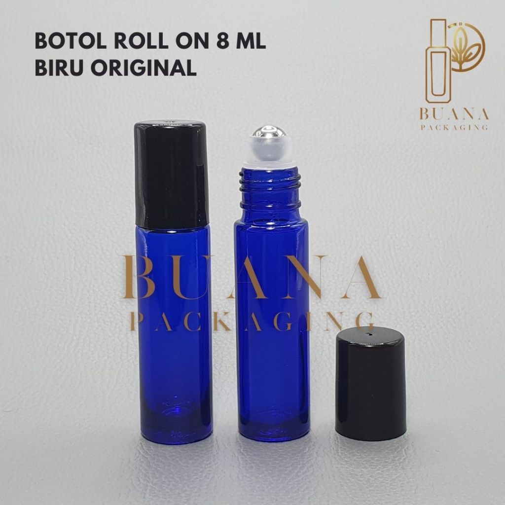 Botol Roll On 8 ml Biru Original Tutup Plastik Hitam Bola Stainles / Botol Roll On / Botol Kaca / Parfum Roll On / Botol Parfum / Botol Parfume Refill / Roll On 10 ml