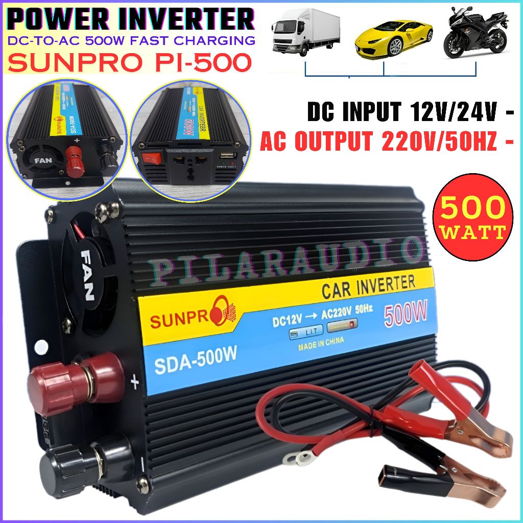 Power Inverter Sunpro 500W 12v 24v Inverter 500W SDA-500 Pengubah Arus DC ke AC ( Bisa Bayar Ditempa
