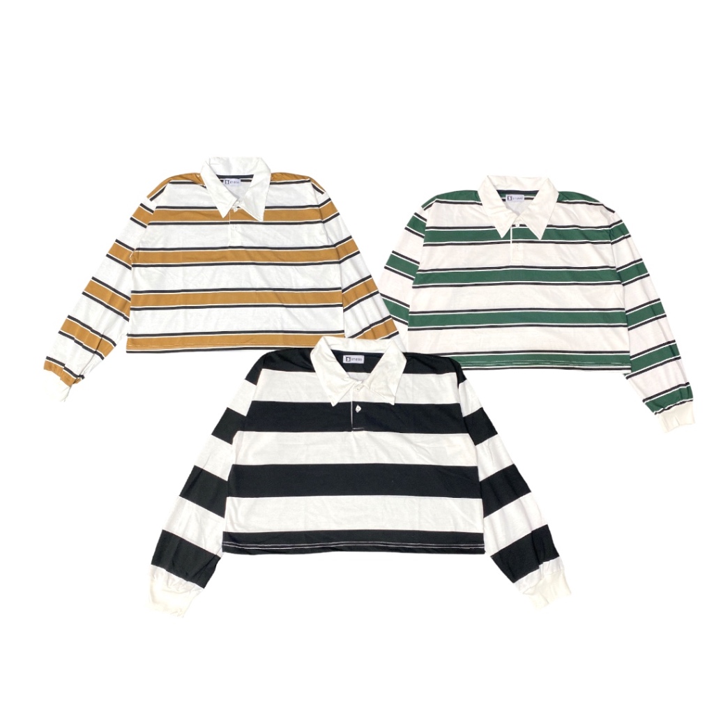 Stiego RUGBY OVERSIZE CROP SHIRT STRIPE KAOS KERAH  Wanita Lengan Panjang SALUR STRIPE COTTON COMBED