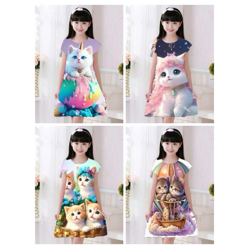 dres anak perempuan gambar kucing animasi lucu u/anak 2-11 thn