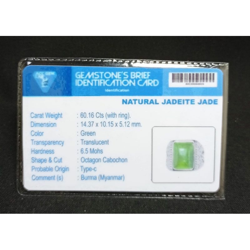 CINCIN ASLI BATU GIOK ORIGIN BURMA BERSERTIFIKAT LAB SIAP PAKAI