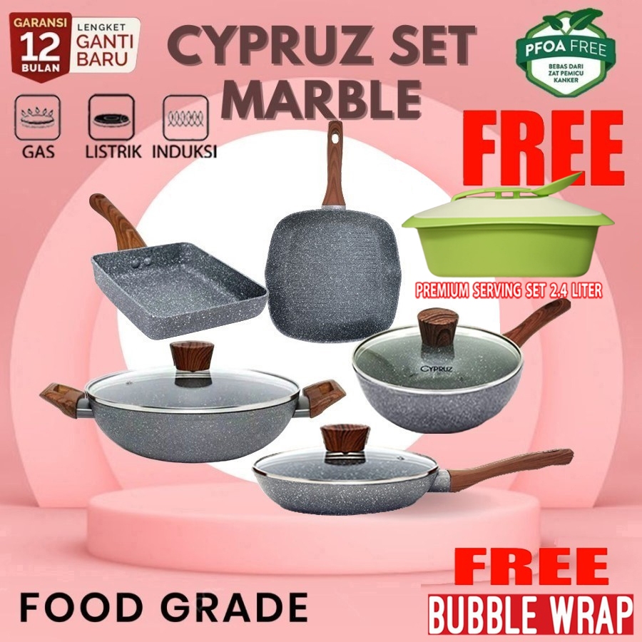 Cyprus Cookware FryPan Set Cypruz Marble 5 Pcs Panci Wajan Kuali Induksi