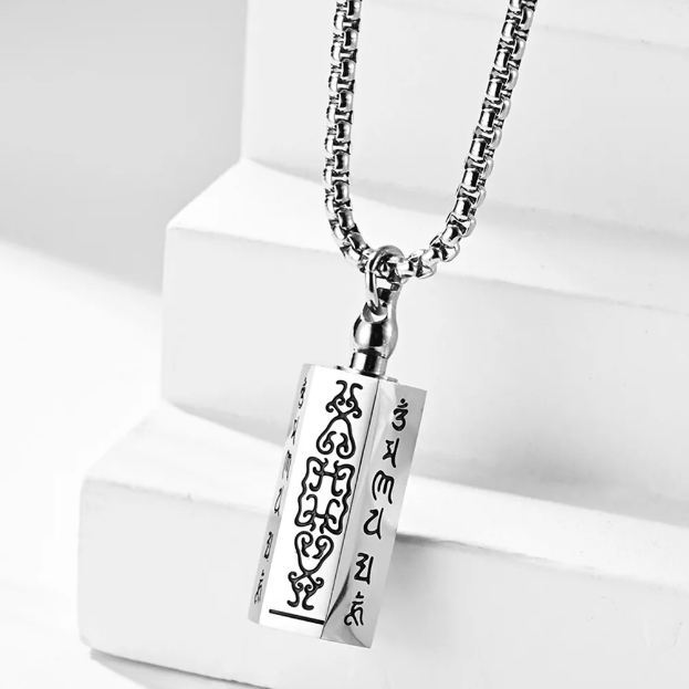Kalung Mantra Segi Enam Silver - Buddhist Tibetan Om Mani Padme Hum Prayer Wheel Mantra Bottle Neckl
