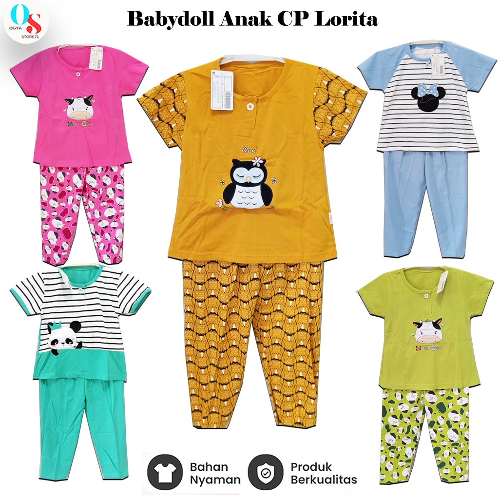 Baju Tidur Anak Lorita Umur 4-5 Tahun -Babydoll Setelan CP Ukuran M Lengan Pendek Celana Panjang