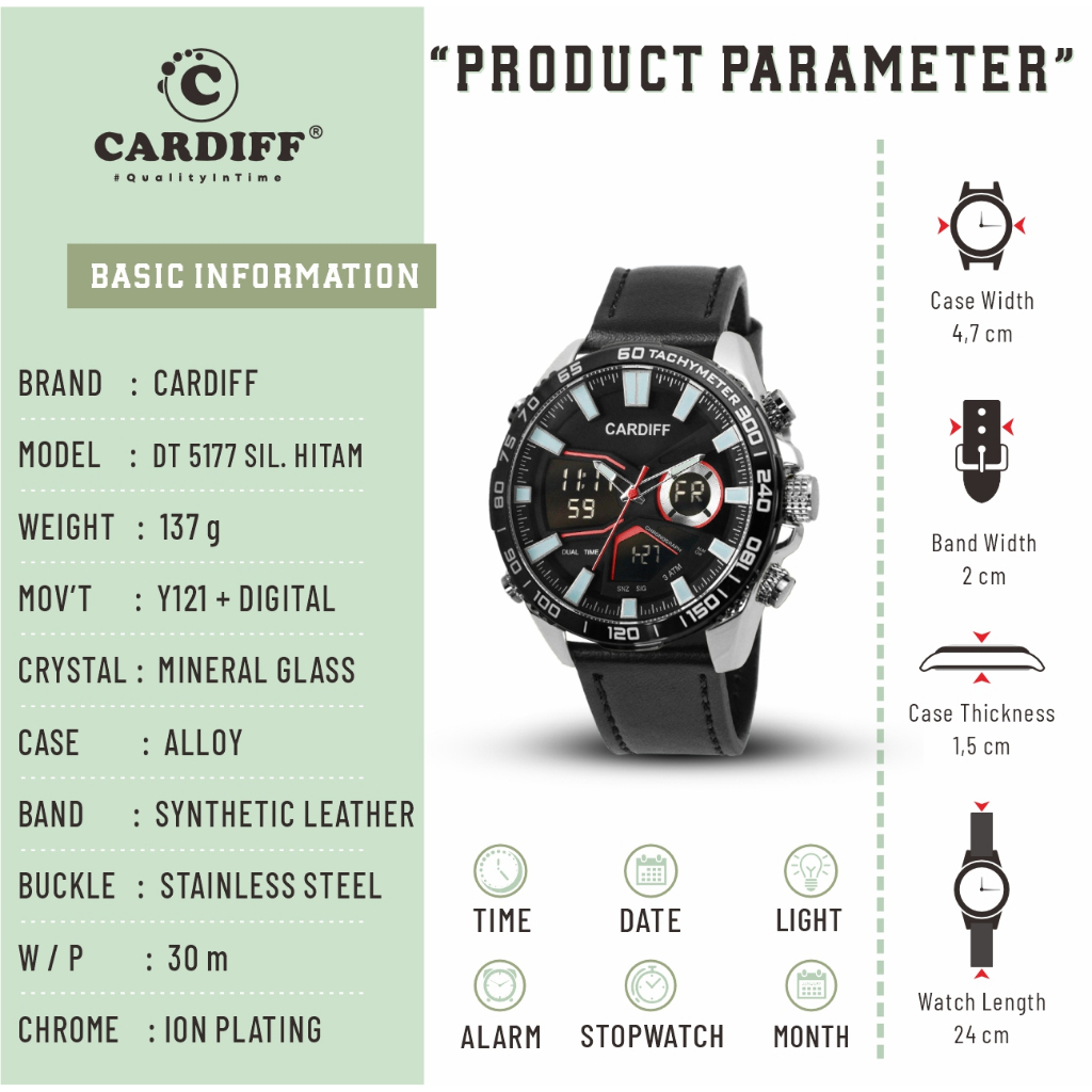 CARDIFF Dual TIme 5177 Jam Tangan Digital Analog Casual Pria Tali Kulit