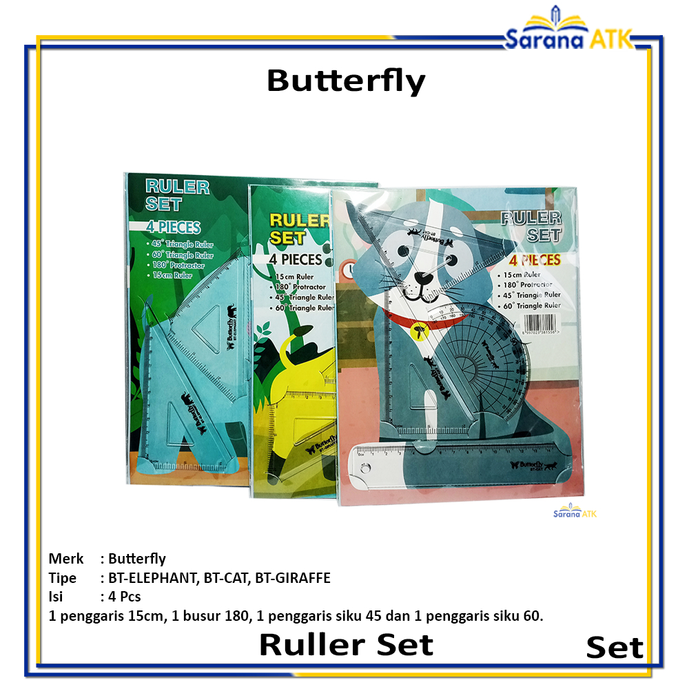 

Butterfly - Penggaris Set 4 In 1 Motif Gajah, Kucing, Jerapah - Set