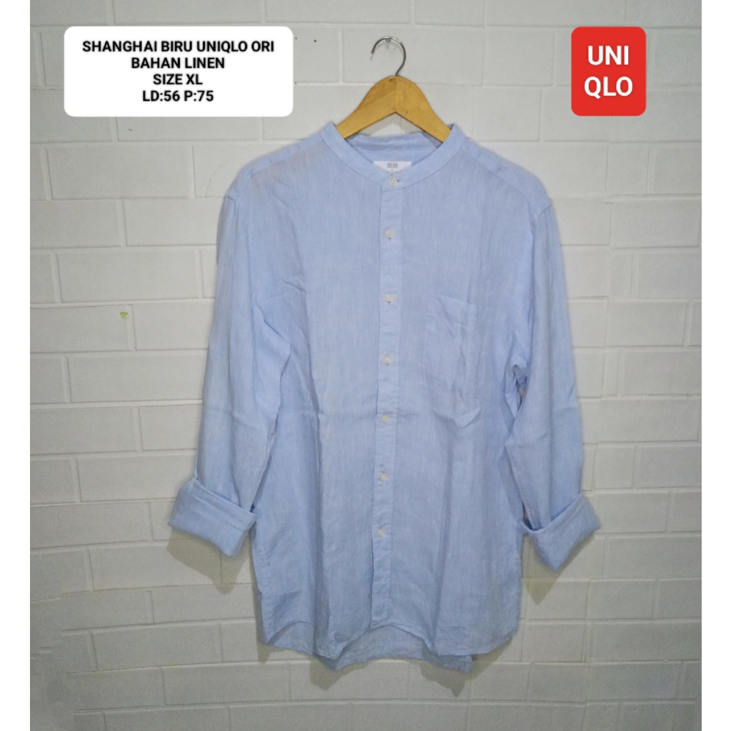 KEMEJA UNIQLO BIRU KERAH SHANGHAI SIZE XL BAHAN LINEN