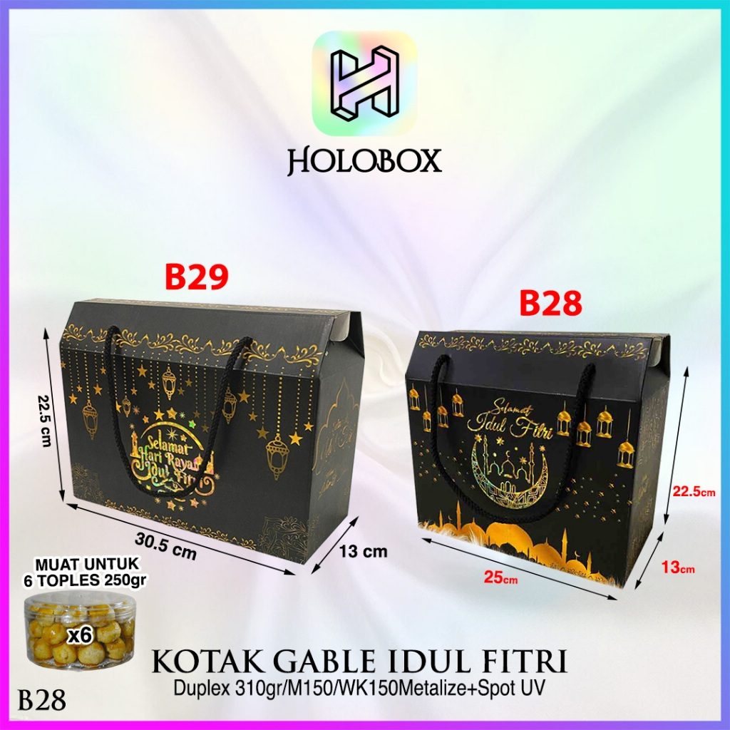 

Box Hampers / Gable Box / Parcel Lebaran Idul fitri / Kotak Packaging Toples Kue 250 gr / Uk 25x13x22 cm / B28