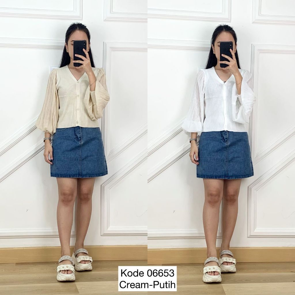 06653 BLOUSE KNIT LENGAN TILE POLOS TRANSPARAN VARIASI FULL KANCING DEPAN LEHER V NECK PREMIUM WANIT