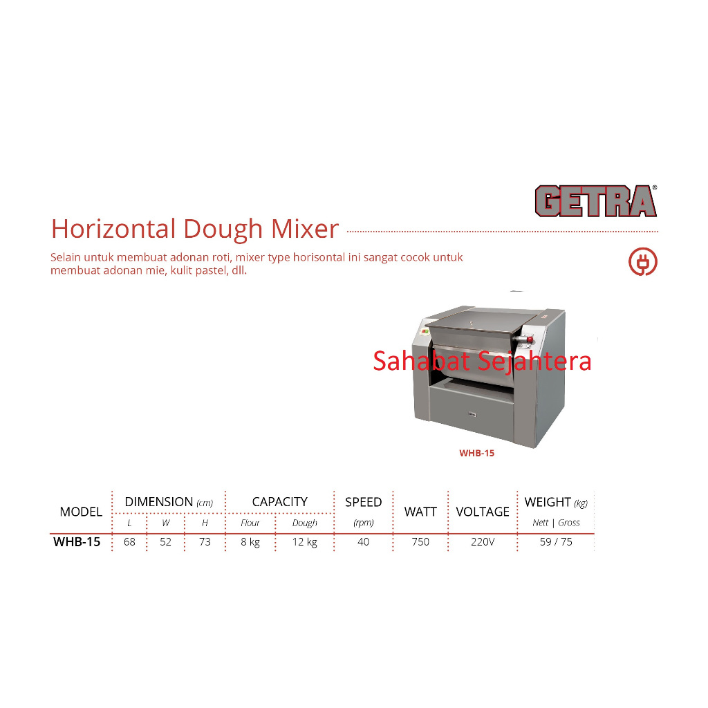 GETRA Horizontal Dough Mixer WHB-15 Mesin Pembuat Adonan Roti
