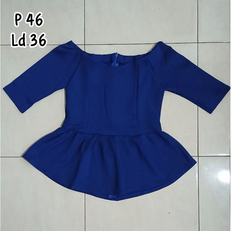 new - blouse atasan wanita peplum biru electric elektrik lengan 7/8 3/4 bahan scuba baju pakaian san