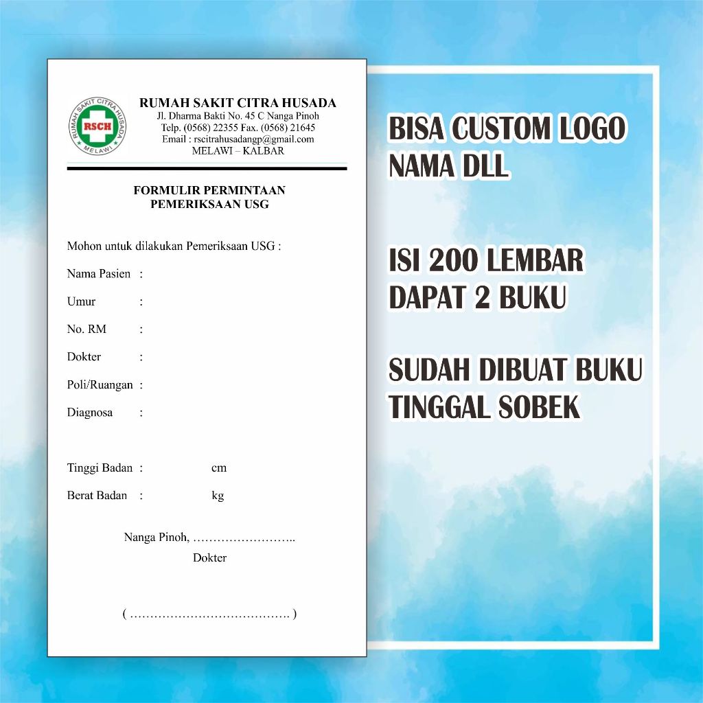 

BLANGKO FORMULIR PERMINTAAN PEMERIKSAAN USG (2 BUKU) ISI PERBUKU 100 LEMBAR